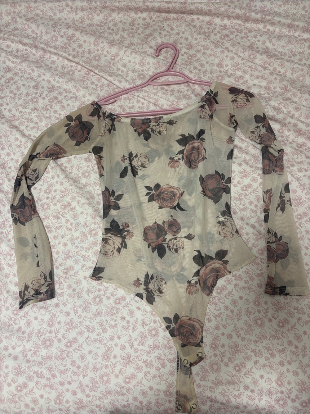 Floral Mesh Long-Sleeve Bodysuit - Cream with Pink Rose Print